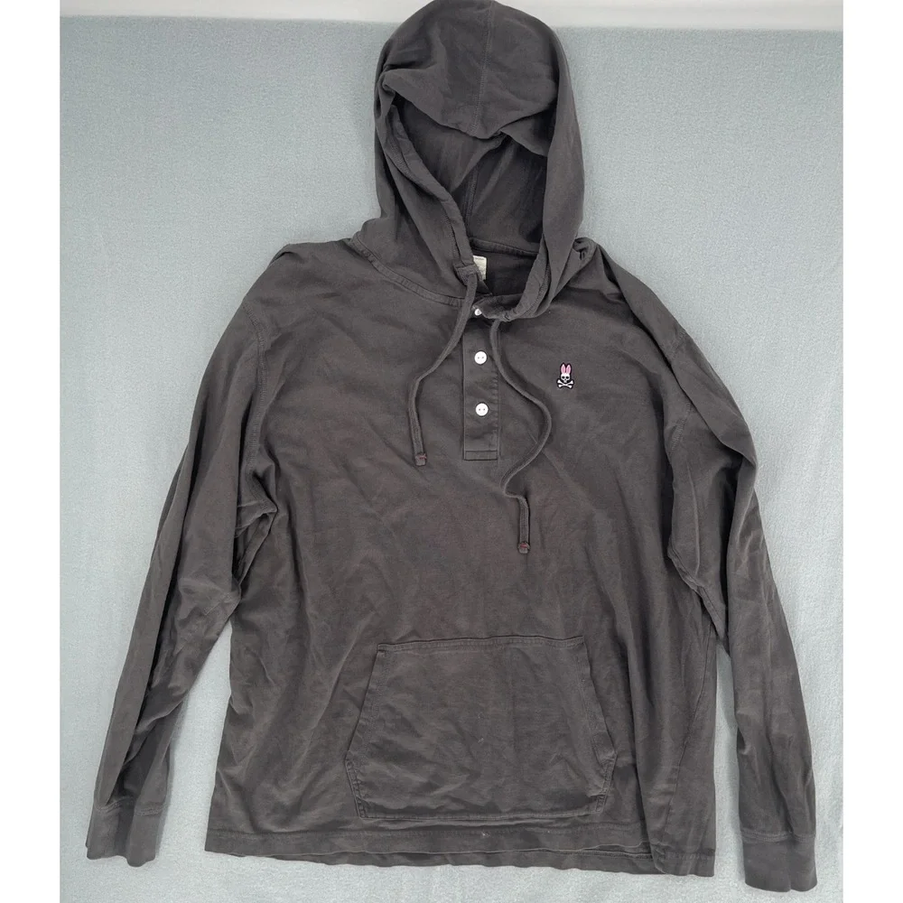 Psycho Bunny XL Gray Pullover‎ Hoodie Henley Long Sleeve Kangaroo Pocket Cotton